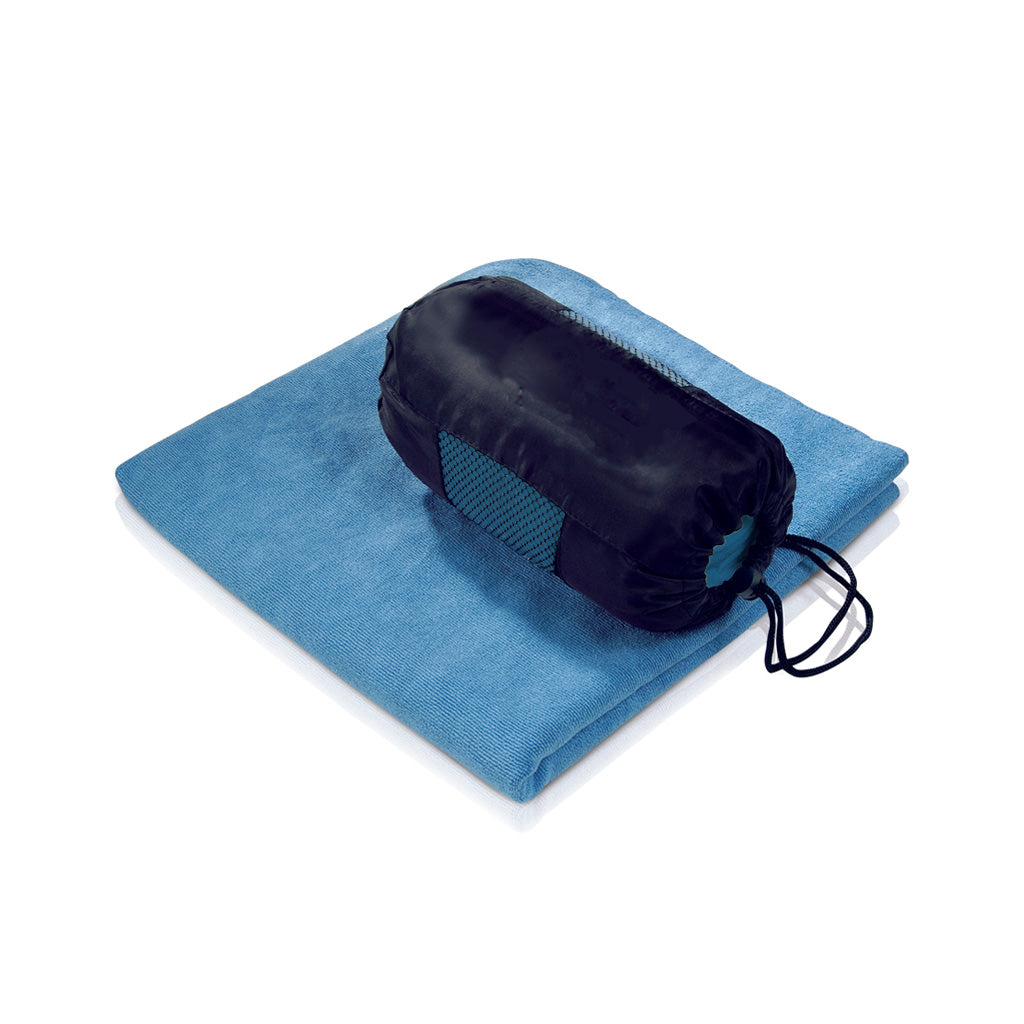Harlequin Towel in-a-bag displaying travel bag with drawstring toggle and mesh sides and a royal blue towel