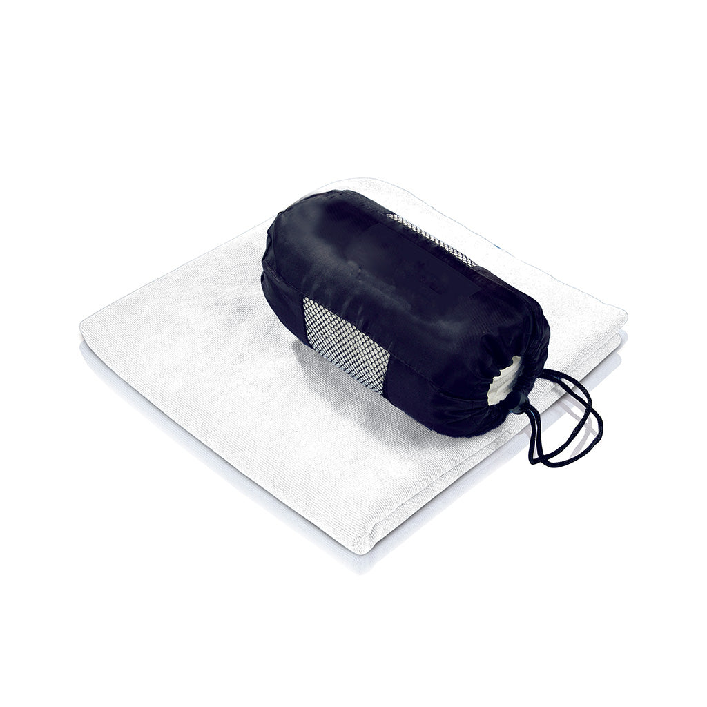 Harlequin Towel in-a-bag displaying travel bag with drawstring toggle and mesh sides and a white towel