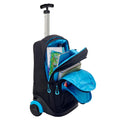 Harlequin black TECH trolley bag front angled view displaying carry handle with blue padding, all zipper compartments open with blue lining