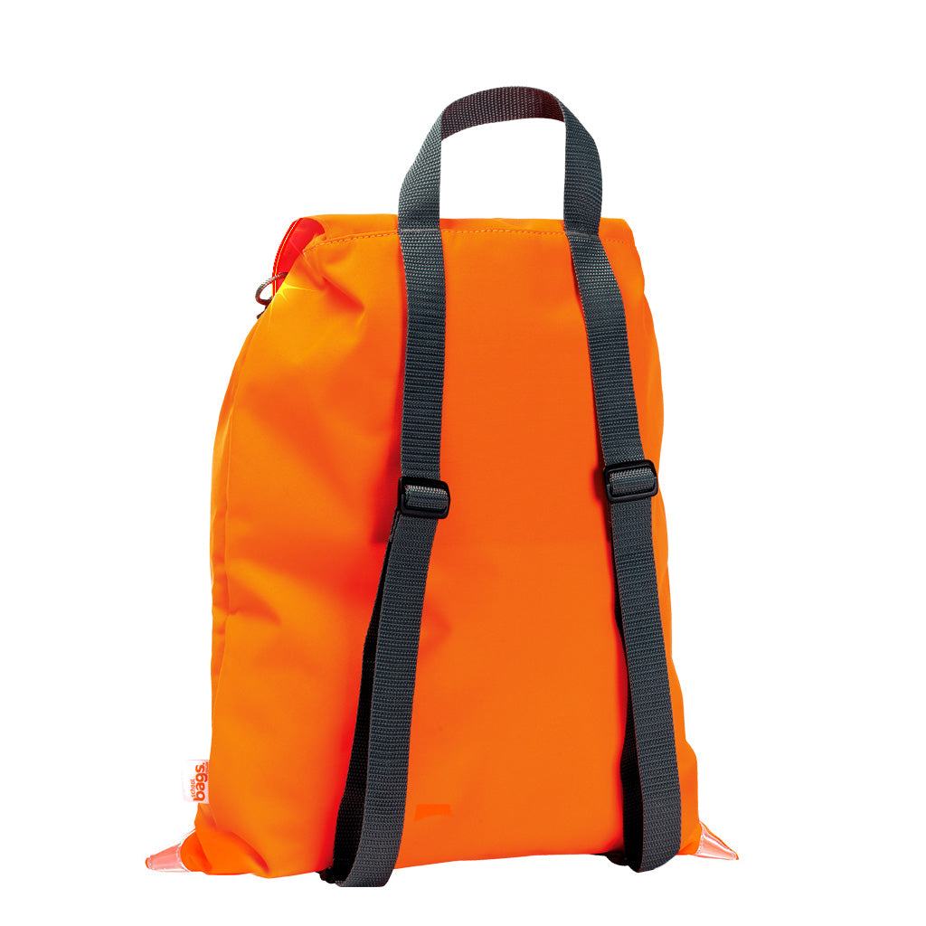 Harlequin Hi-Viz VIVID orange excursion bag back angle view displaying handle and adjustable shoulder straps