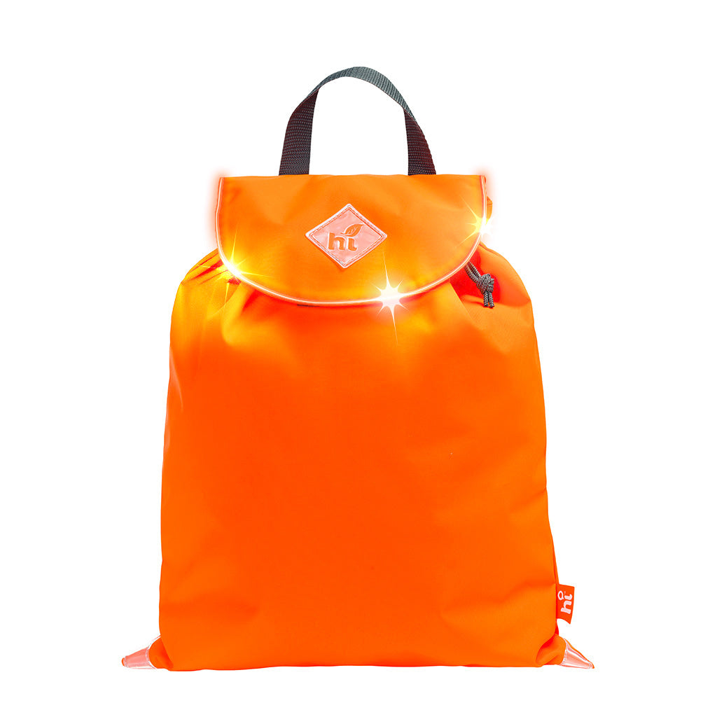 Harlequin Hi-Viz orange VIVID excursion bag displaying handle, Velcro fastening with drawstring toggle, Reflective safety corners and a high visibility flashing LED system around the flap