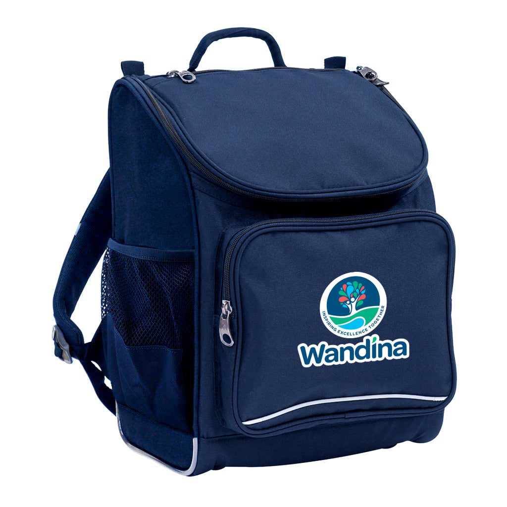 Mighty backpack in colour Navy, front side angle displaying carry handle, padded shoulder straps, top zipper compartment, front zipper pocket and mesh water bottle holder with Wandina Primary School logo