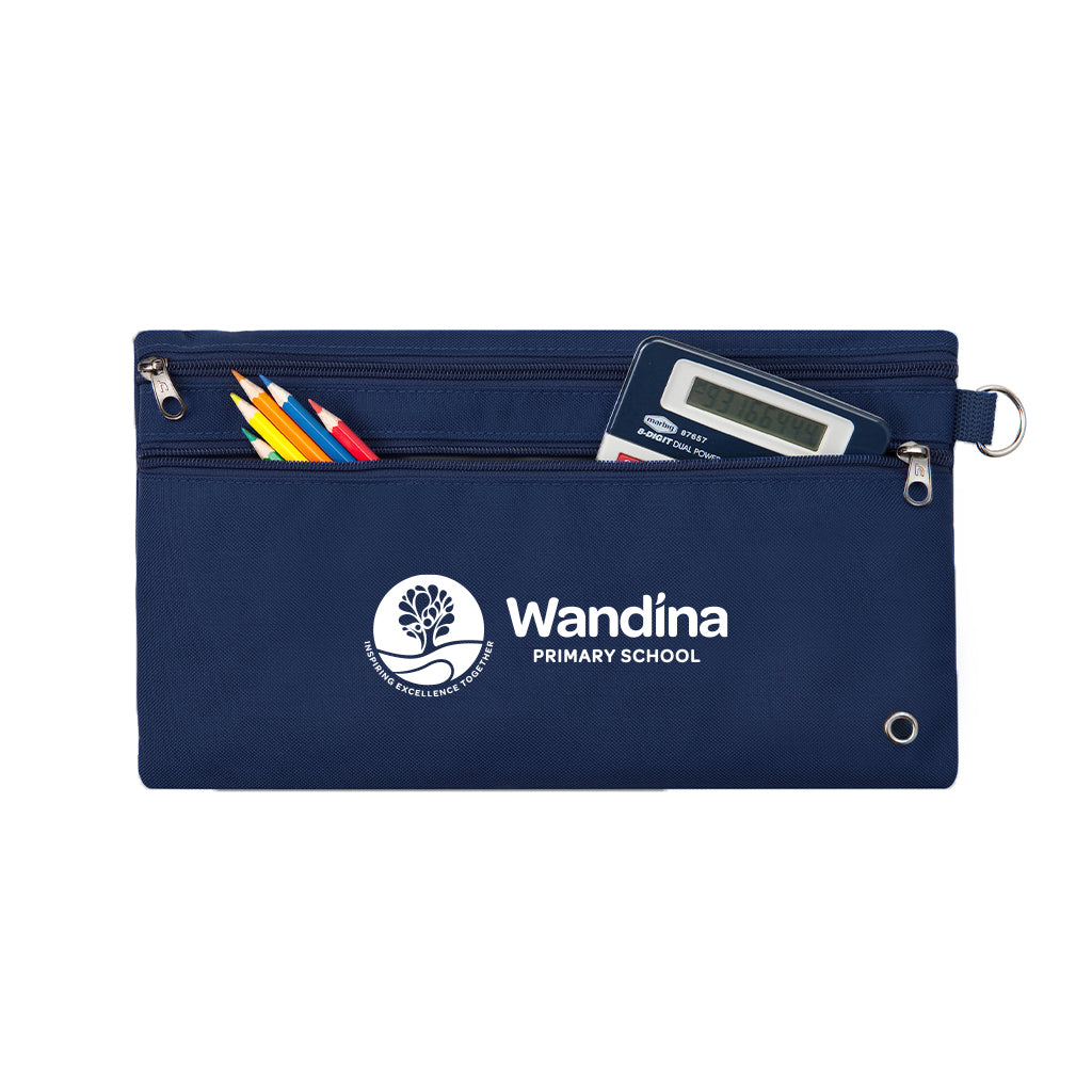 Harlequin navy pencil case front angle displaying two zip compartments and D-ring with Wandina Primary School logo