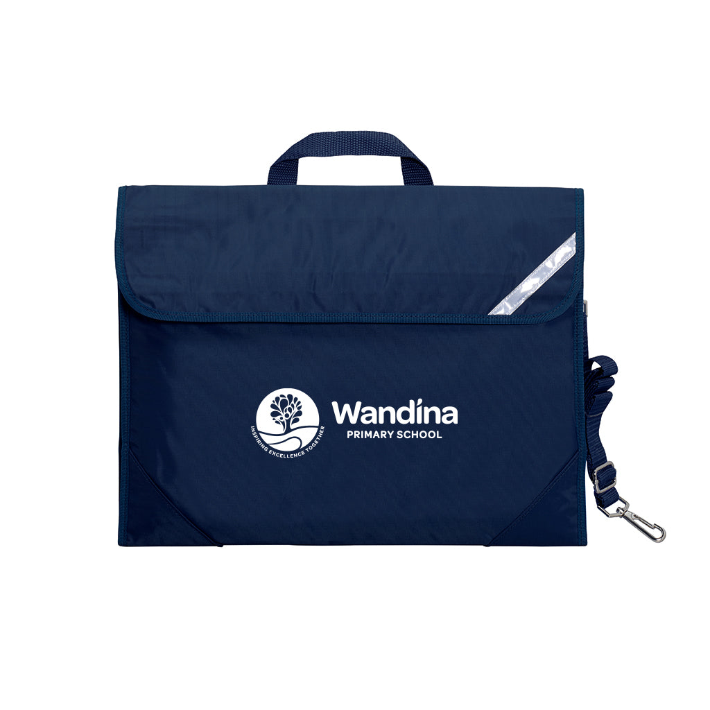 Harlequin Safety Library bag in Navy displaying carry handle, velcro opening, shoulder strap, reflector safety strip and reinforced corners with Wandina logo