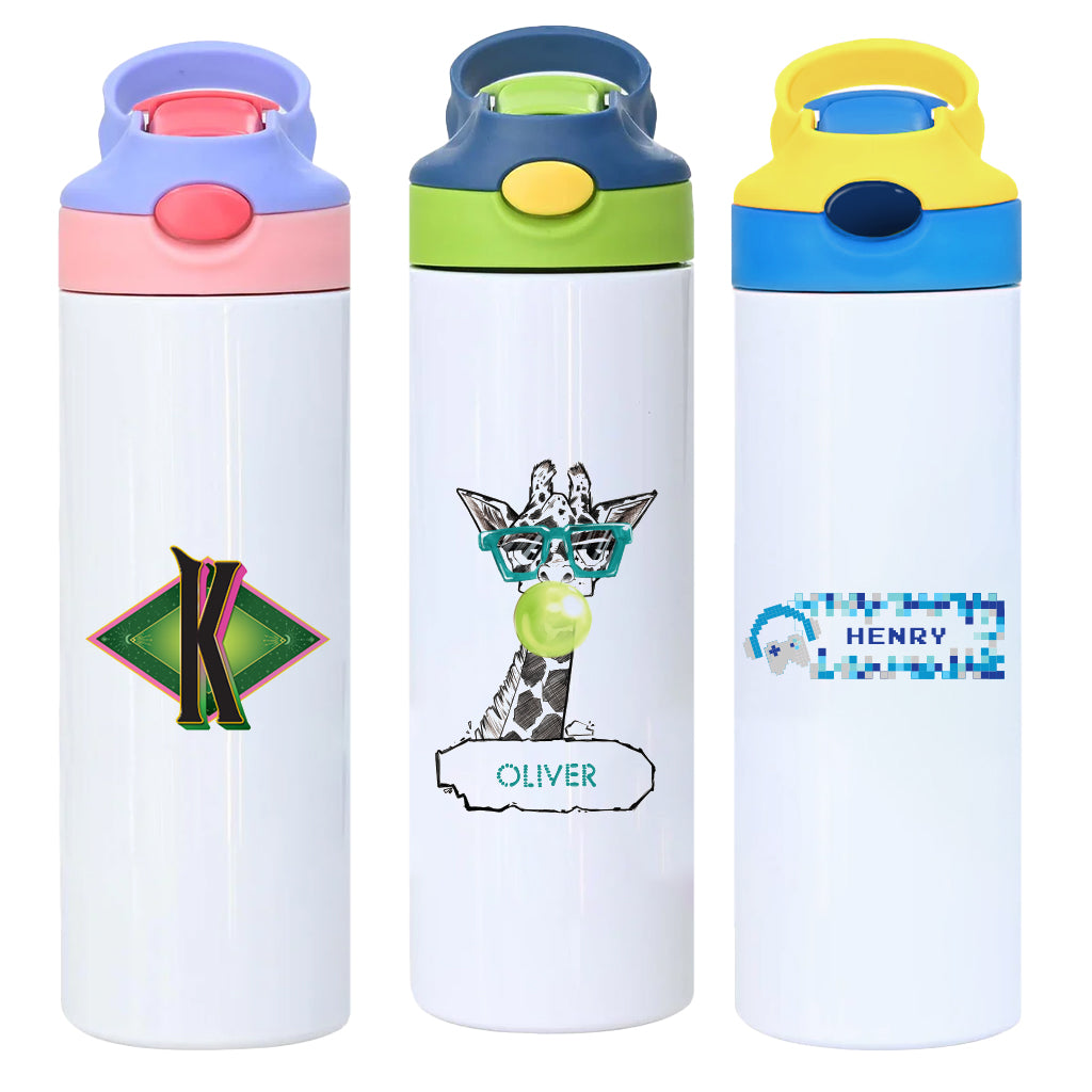 3 Stylish 600ml Stainless Steel Sports/Water Bottles with flip top. All bottles with personalised designs.