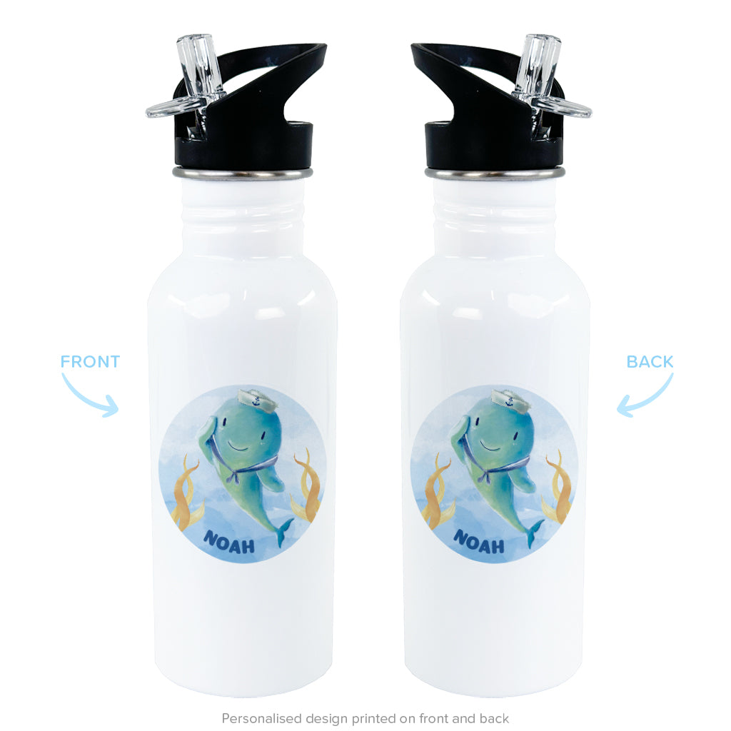 600ml Stainless Steel Sports/Water Bottle, white with black flip top straws with a personalised designs front and back view