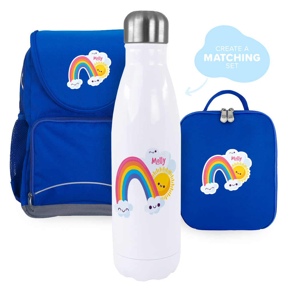 White 500ml stainless steel drink bottle with silver screw cap lid with a rainbow design personalisation with matching backpack and lunch bag