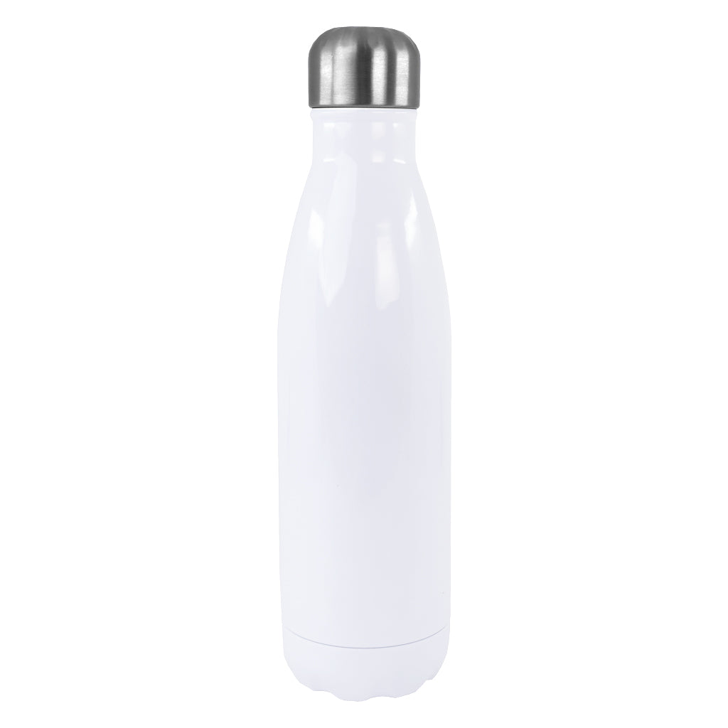 White 500ml stainless steel drink bottle with silver screw cap lid with