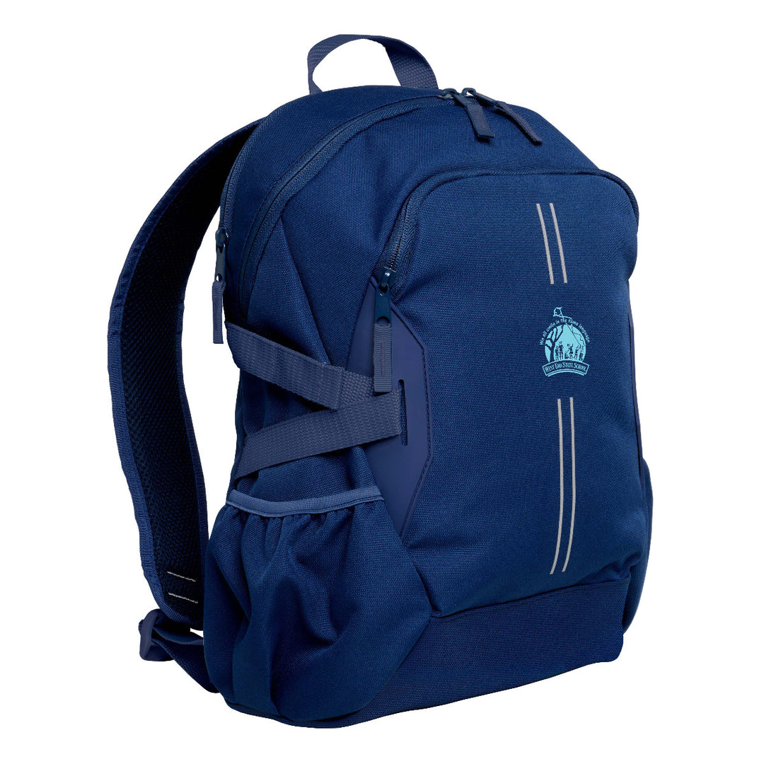 Navy Harlequin Quantum Bag front view with two compartments with zip closure, light reflectors on the front pocket and adjustable straps and bottle holder on the sides of the bag and West End State School logo