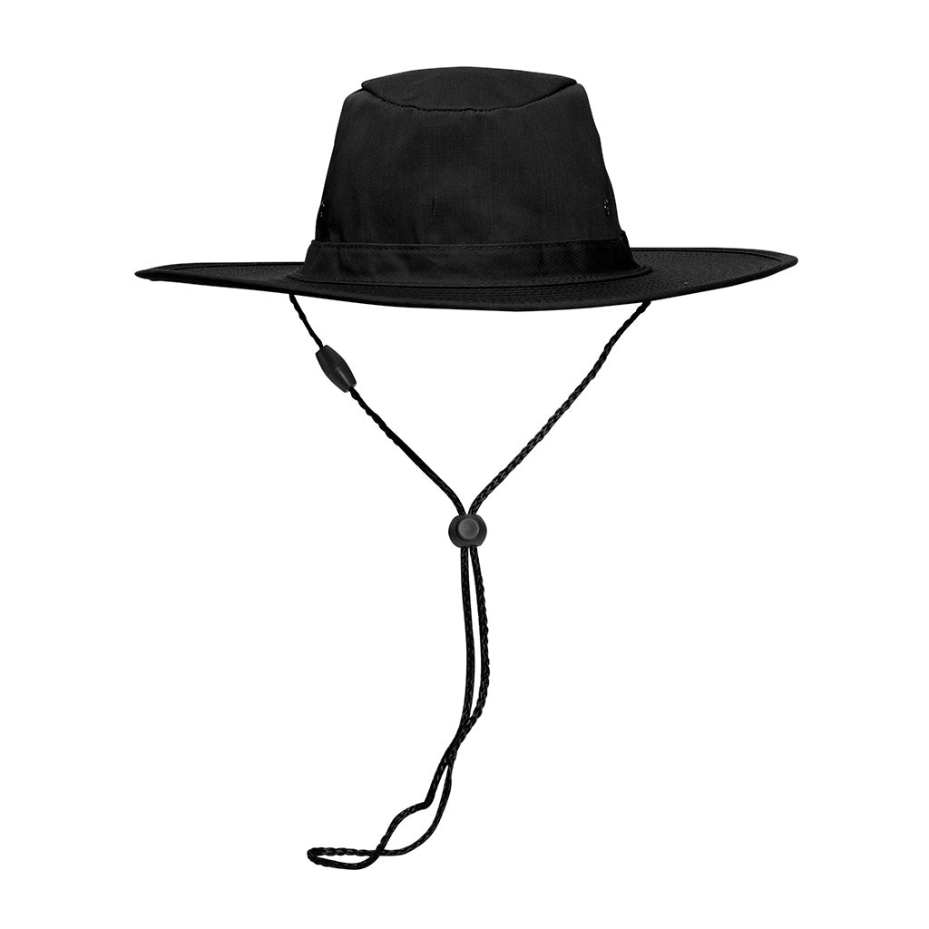 Harlequin Wide Brimmed Hat in Black displaying wide brim, padded cotton sweatband and cord with slide toggle