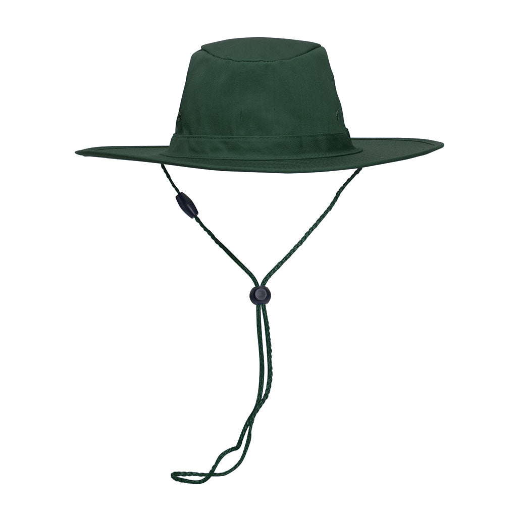 Harlequin Wide Brimmed Hat in Green displaying wide brim, padded cotton sweatband and cord with slide toggle