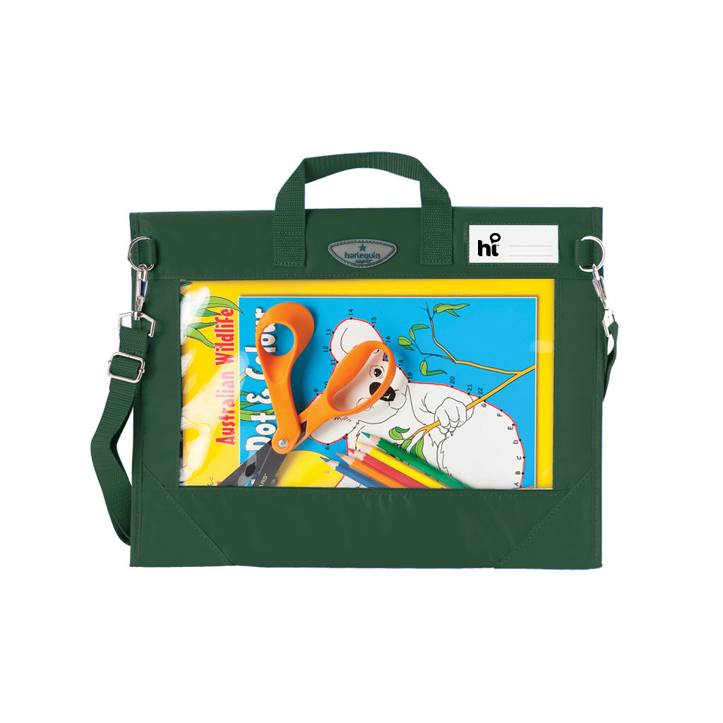 Harlequin Window Library bag in Green displaying carry handle, clear PVC window on reverse of bag, shoulder strap, two d-rings to attach shoulder straps, reinforced corners and name card sleeve