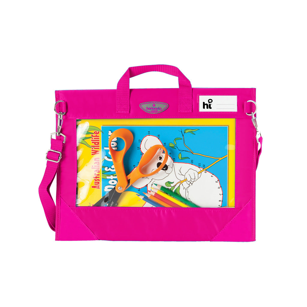 Harlequin Window Library bag in Hot pink displaying carry handle, clear PVC window on reverse of bag, shoulder strap, two d-rings to attach shoulder straps, reinforced corners and name card sleeve