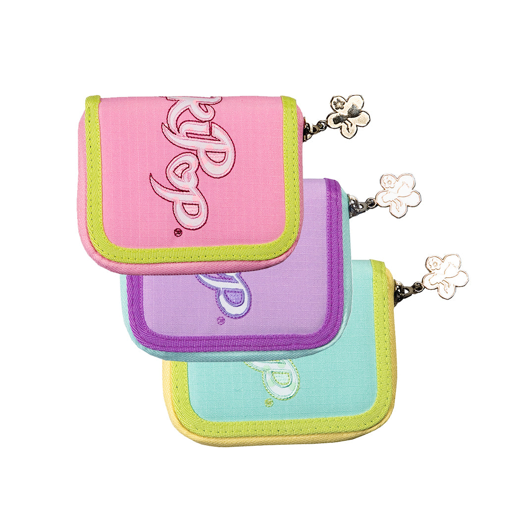 Winkipop Wallet front angle view showing winkipop design and flower shaped zipper puller