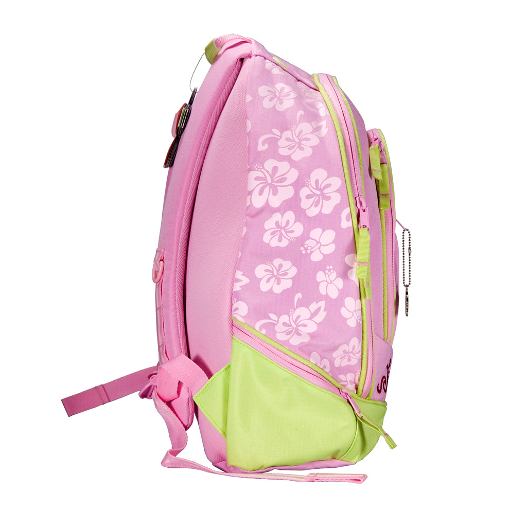 Pink Polkadot Winkipop surf backpack side view displaying one side pocket and one front pocket with flower shaped zipper puller