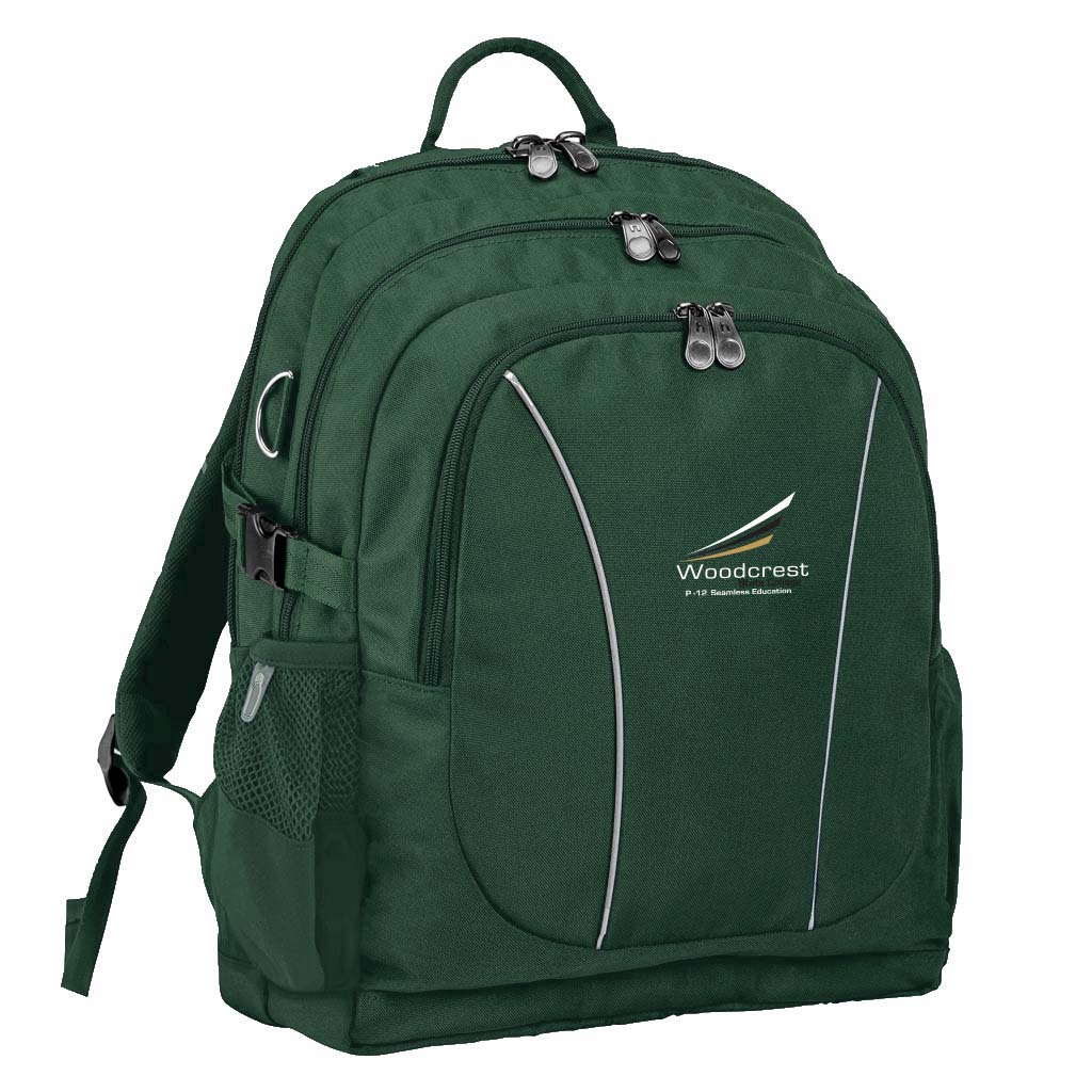 Woodcrest State College front angle view of the Genius Backpack in colour Bottle Green, featuring anatomical zippers, buckles, three pockets, reflective piping, retractable side support straps, water bottle pocket, and D-ring keychain holder