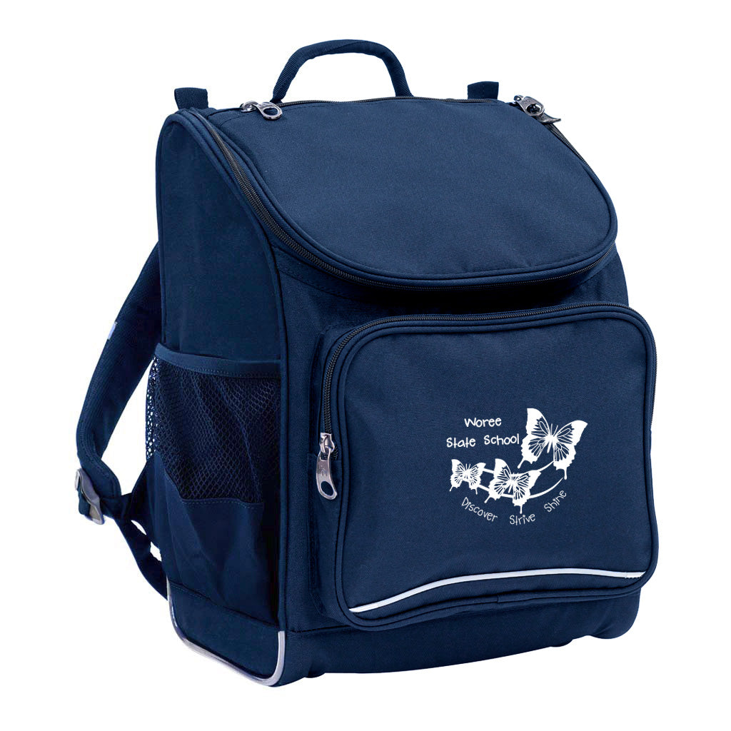 Mighty backpack in colour Navy, front side angle displaying carry handle, padded shoulder straps, top zipper compartment, front zipper pocket and mesh water bottle holder with Woree State Primary School logo