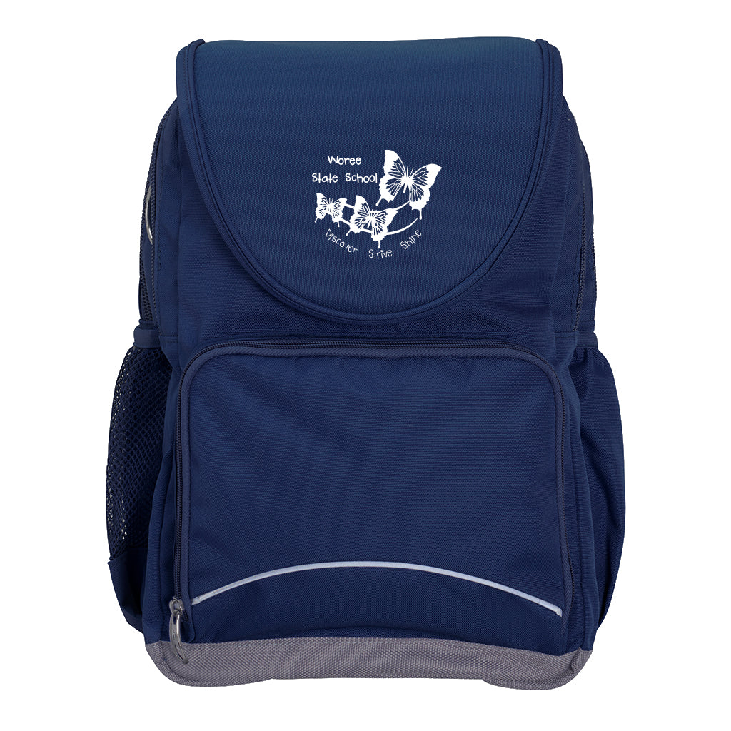 Harlequin Ergo Tuff-Pack in navy blue front view with Worree state school logo