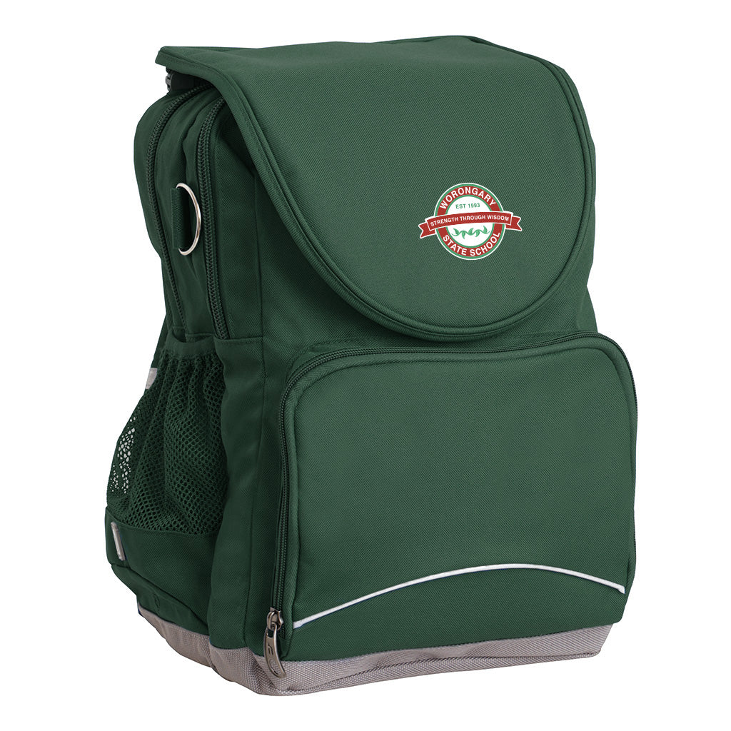 Worongary State School Ergo Tuff-Pack backpack Green. Front side angle, padded shoulder straps, two zipper compartments, front zipper pocket, D-Ring and mesh water bottle.