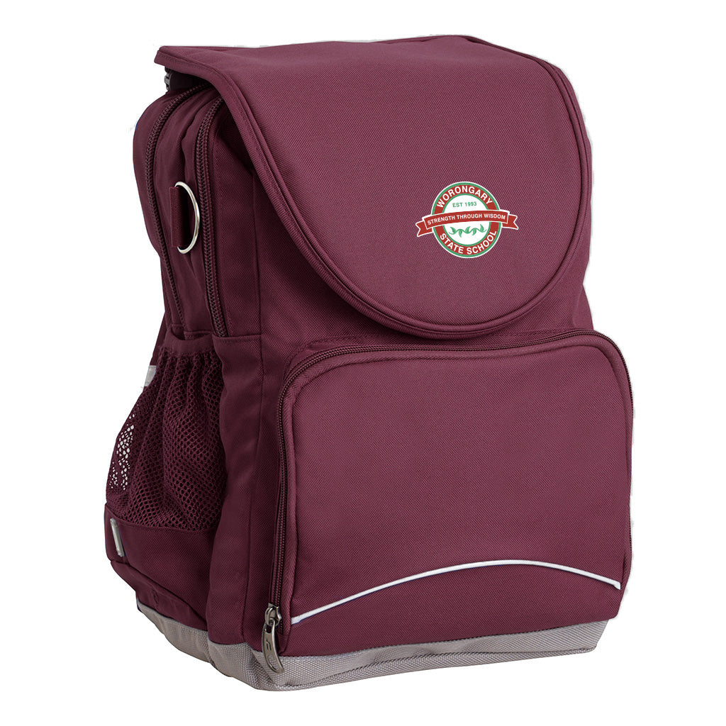 Worongary State School Ergo Tuff-Pack backpack Maroon. Front side angle, padded shoulder straps, two zipper compartments, front zipper pocket, D-Ring and mesh water bottle.