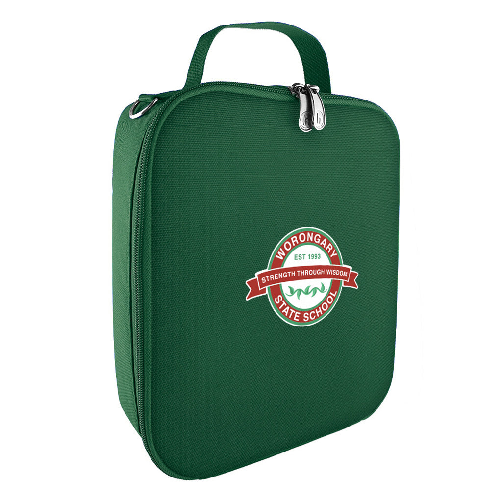 Harlequin lunch bag in green front side angle displaying carry handle, durable water repellent material