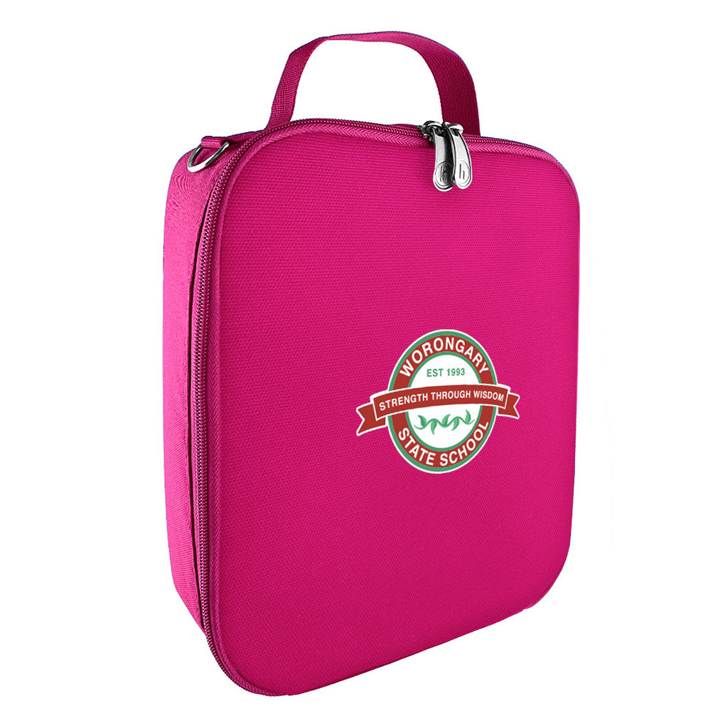 Harlequin lunch bag in pink colour front side angle displaying carry handle, durable water repellent material with Worongary State School logo