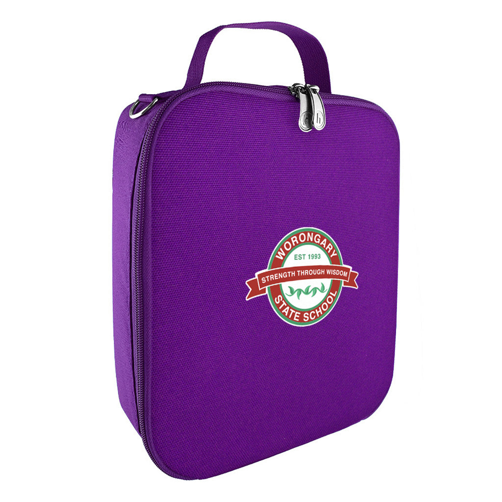 Harlequin lunch bag in purple colour front side angle displaying carry handle, durable water repellent material with Worongary State School logo