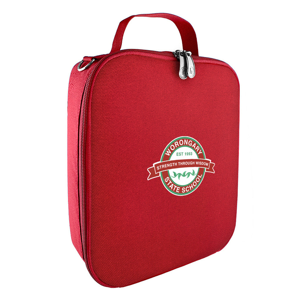 Harlequin lunch bag in red colour front side angle displaying carry handle, durable water repellent material with Worongary State School logo