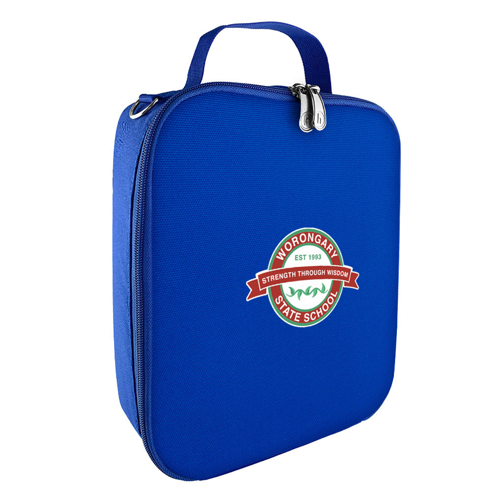 Harlequin lunch bag in royal blue colour front side angle displaying carry handle, durable water repellent material with Worongary State School logo