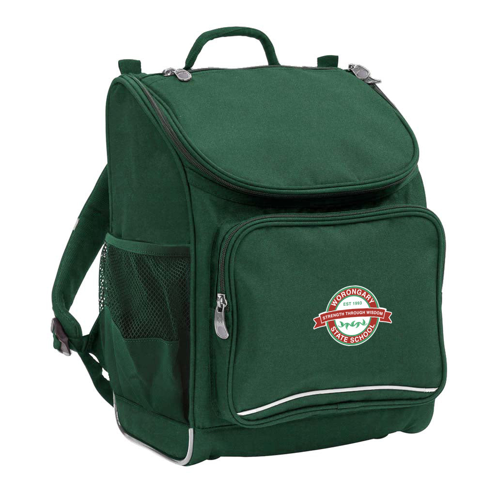 Mighty backpack in colour green, front side angle displaying carry handle, padded shoulder straps, top zipper compartment, front zipper pocket and mesh water bottle holder with Worongary State School logo