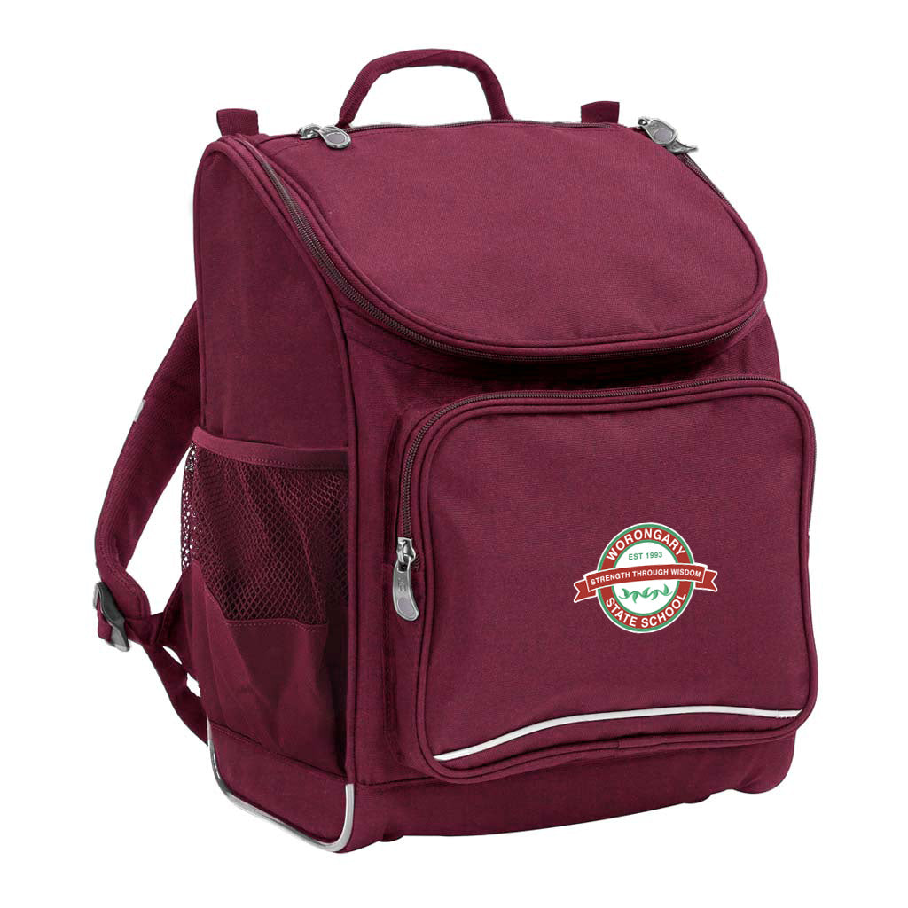 Mighty backpack in colour maroon, front side angle displaying carry handle, padded shoulder straps, top zipper compartment, front zipper pocket and mesh water bottle holder with Worongary State School logo