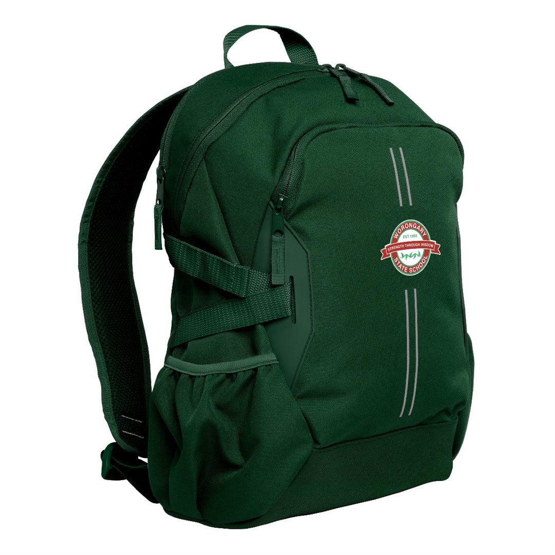 Green Harlequin Quantum Backpack Bag with personalisation, two compartments with zip closure, light reflectors on the front pocket and adjustable straps and bottle holder on the sides of the bag.