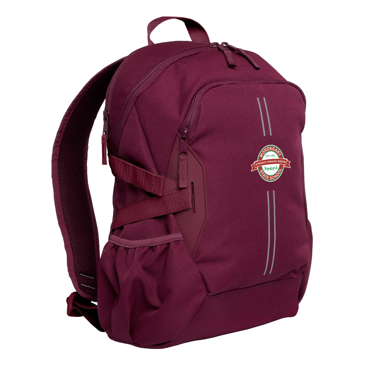 Maroon Harlequin Quantum Bag front view with two compartments with zip closure, light reflectors on the front pocket and adjustable straps and bottle holder on the sides of the bag and Worongary State School logo