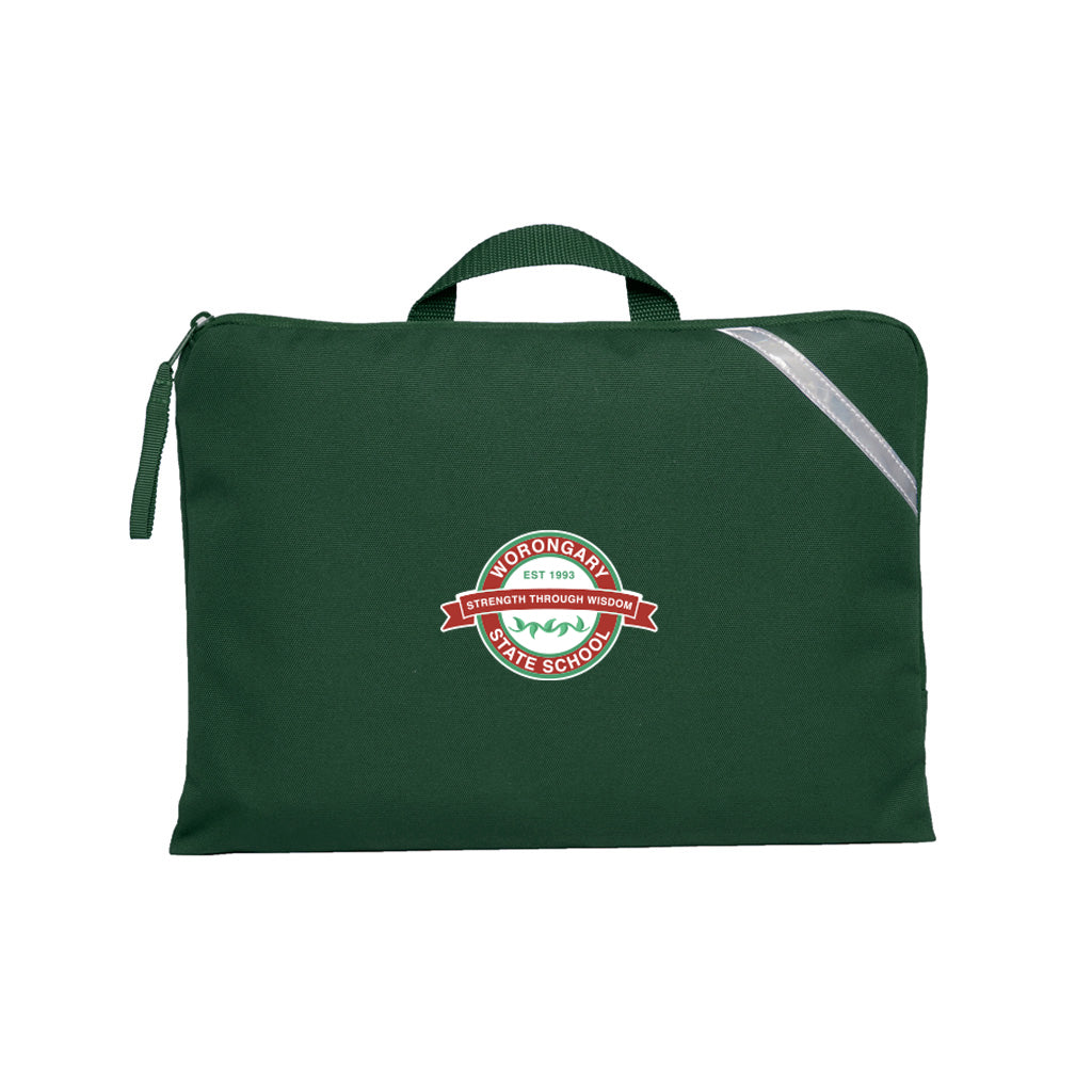 Bottle Green Q Book Bag, with single zip opening, handle and reflective strips and Worongary State School logo