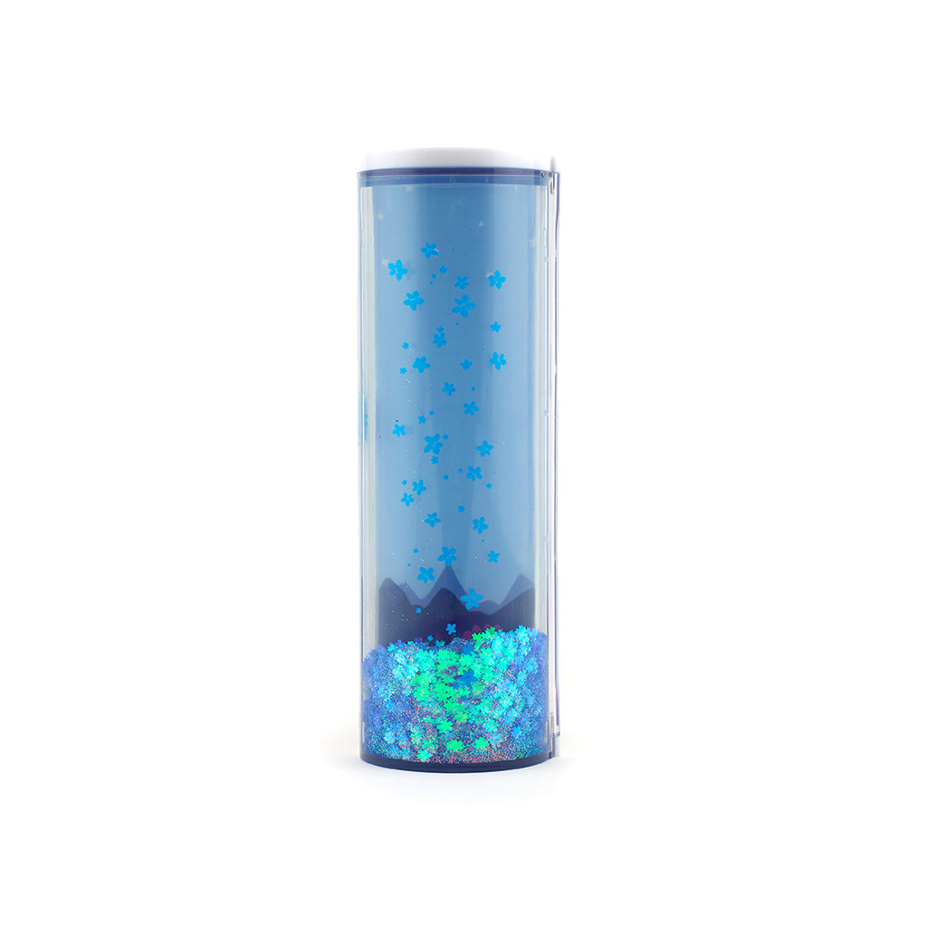 Back view of the 3 digit combination lock tubular pencil case showing blue star glitter
