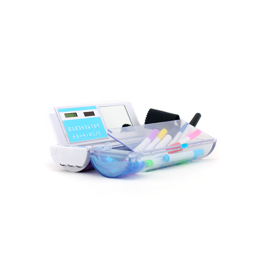 Open view of the View of the 3 digit combination lock tubular pencil case with white board, markers and coloured markers