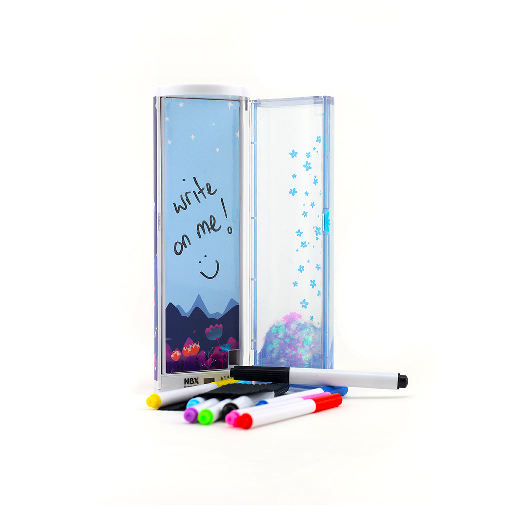 Open view of the View of the 3 digit combination lock tubular pencil case with white board and markers