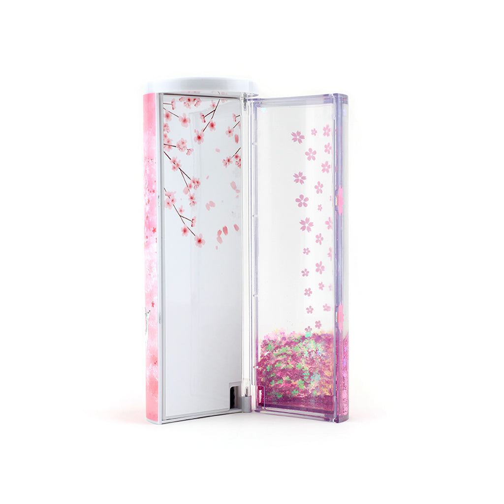Pencil Box with 2 compartments, erasable white board and pink glitter design open view
