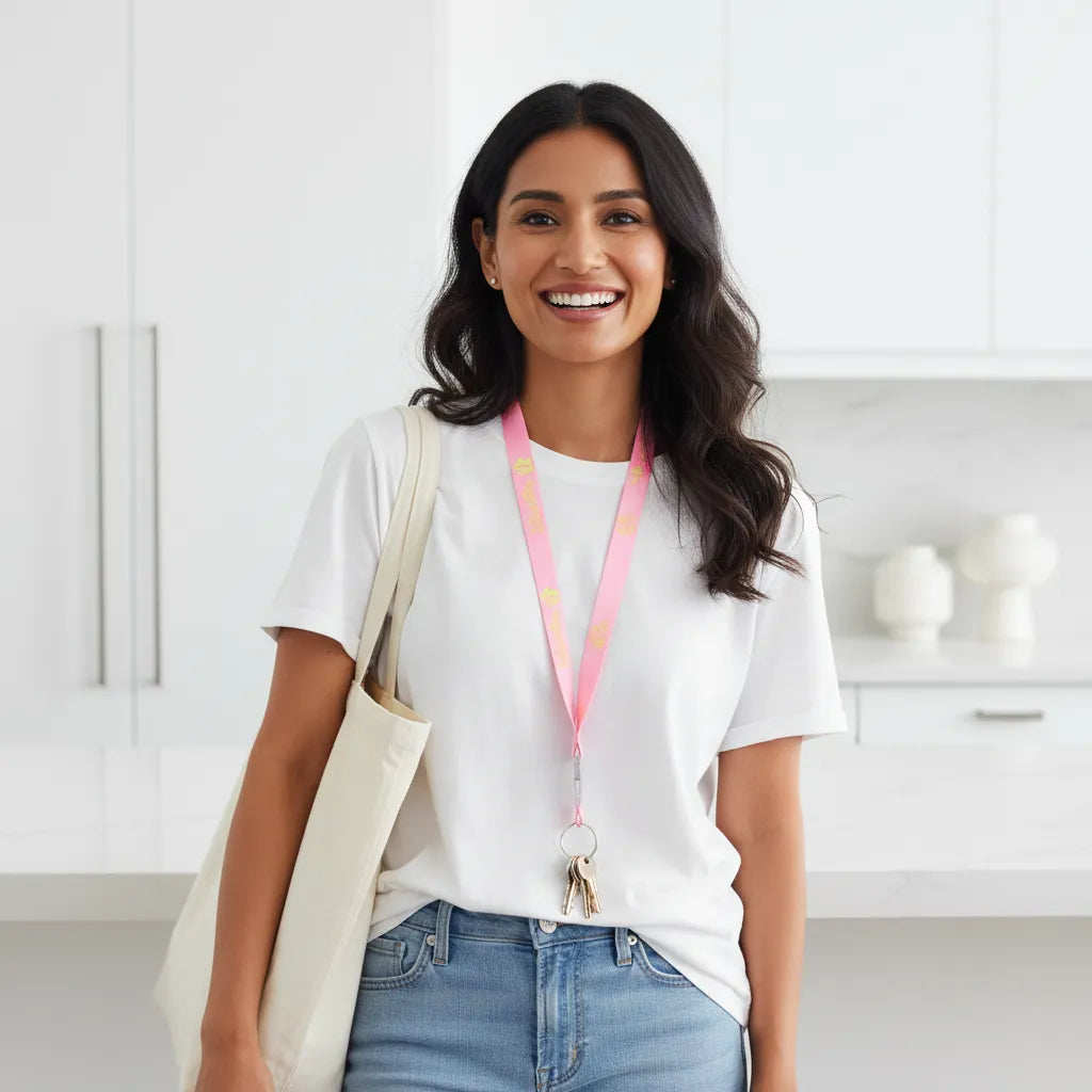 Woman wearing a white shirt and blue jeans with a pink lanyard, standing in a kitchen.