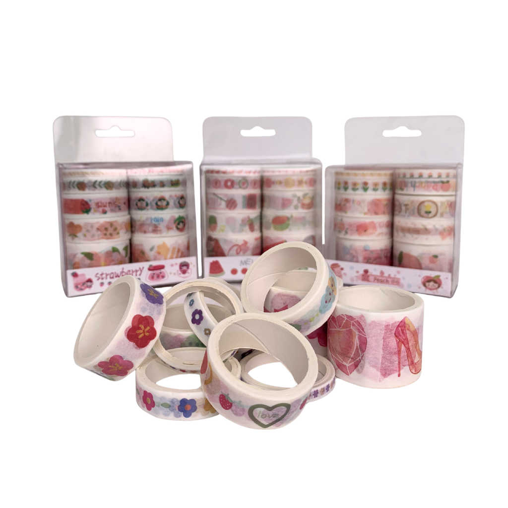 Decorative tape rolls with floral designs and packaging on a white background