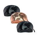 Two black and one bronze metallic cosmetic bags on a white background