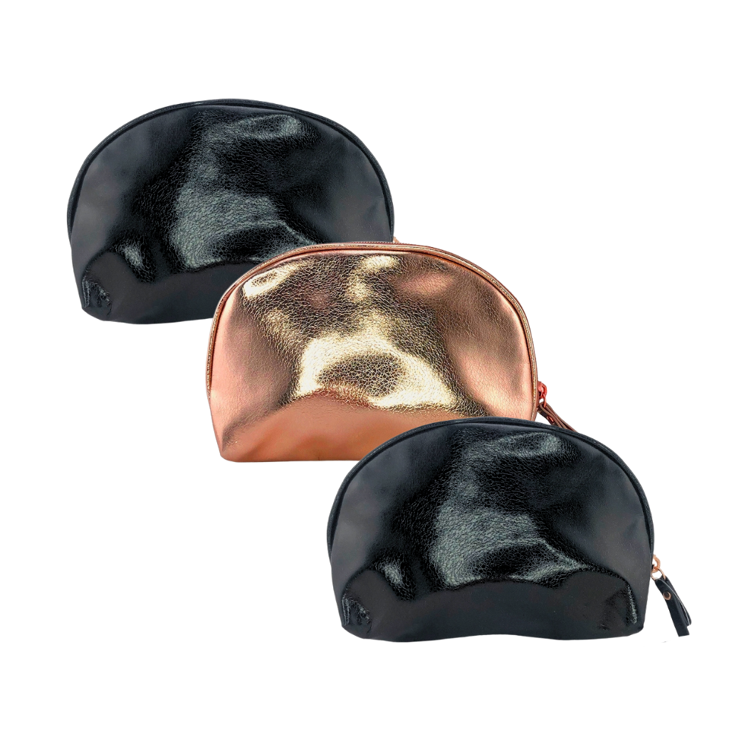 Two black and one bronze metallic cosmetic bags on a white background