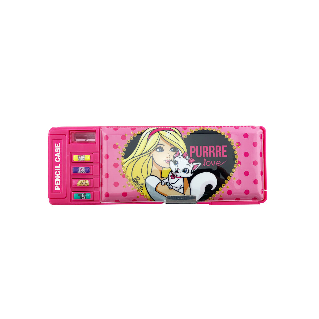 Front of Pencil Box with pink girl design. Features include pencil sharpener, Pencil holder etc.