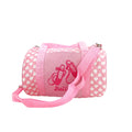 Ballet dance bag front view with special ballet design details, pink handles and detachable strap. 