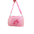 Ballet dance bag front view with special ballet design details, pink handles and detachable strap. 