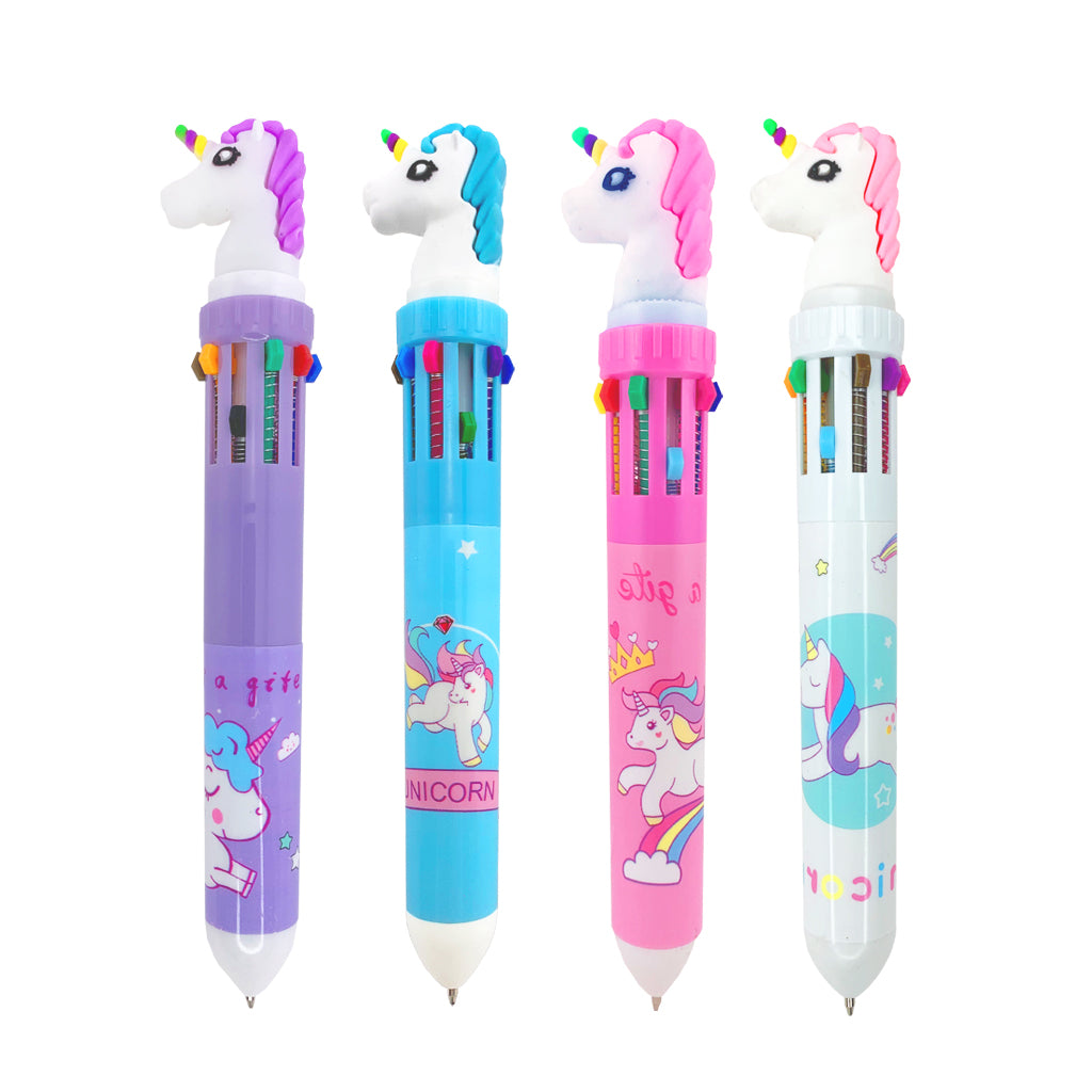 Unicorn multi colour pen with rainbow coloured inks, pen comes in lilac, blue, pink and white