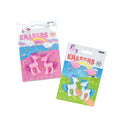Set of 3 erasers containing two pink unicorns and a pink and yellow rainbow with clouds 