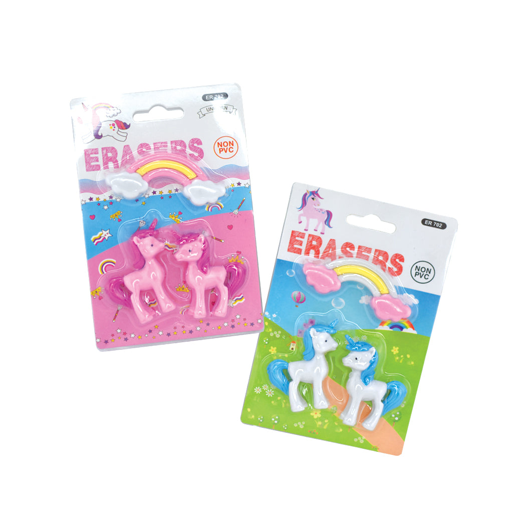 Set of 3 erasers containing two pink unicorns and a pink and yellow rainbow with clouds 