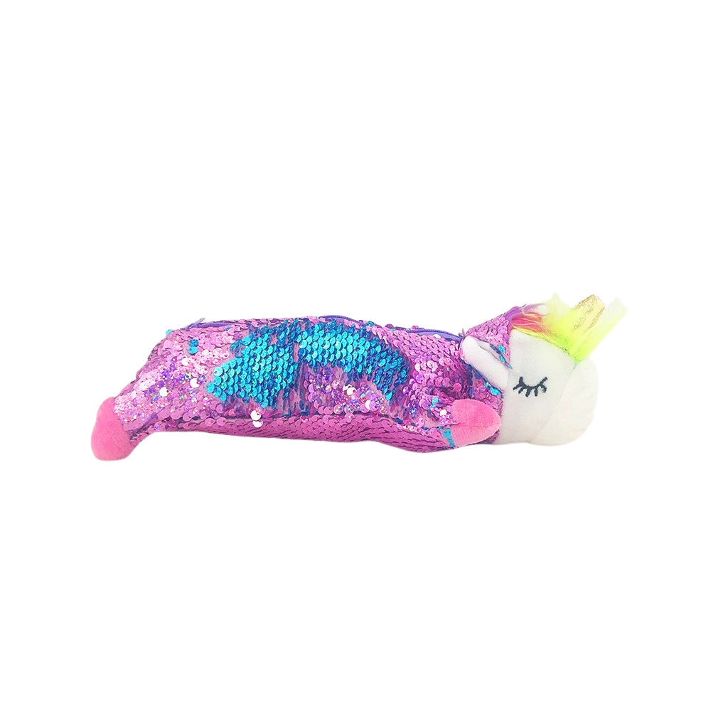 Sequence Unicorn Pencil Case side view with one compartment in lilac and blue