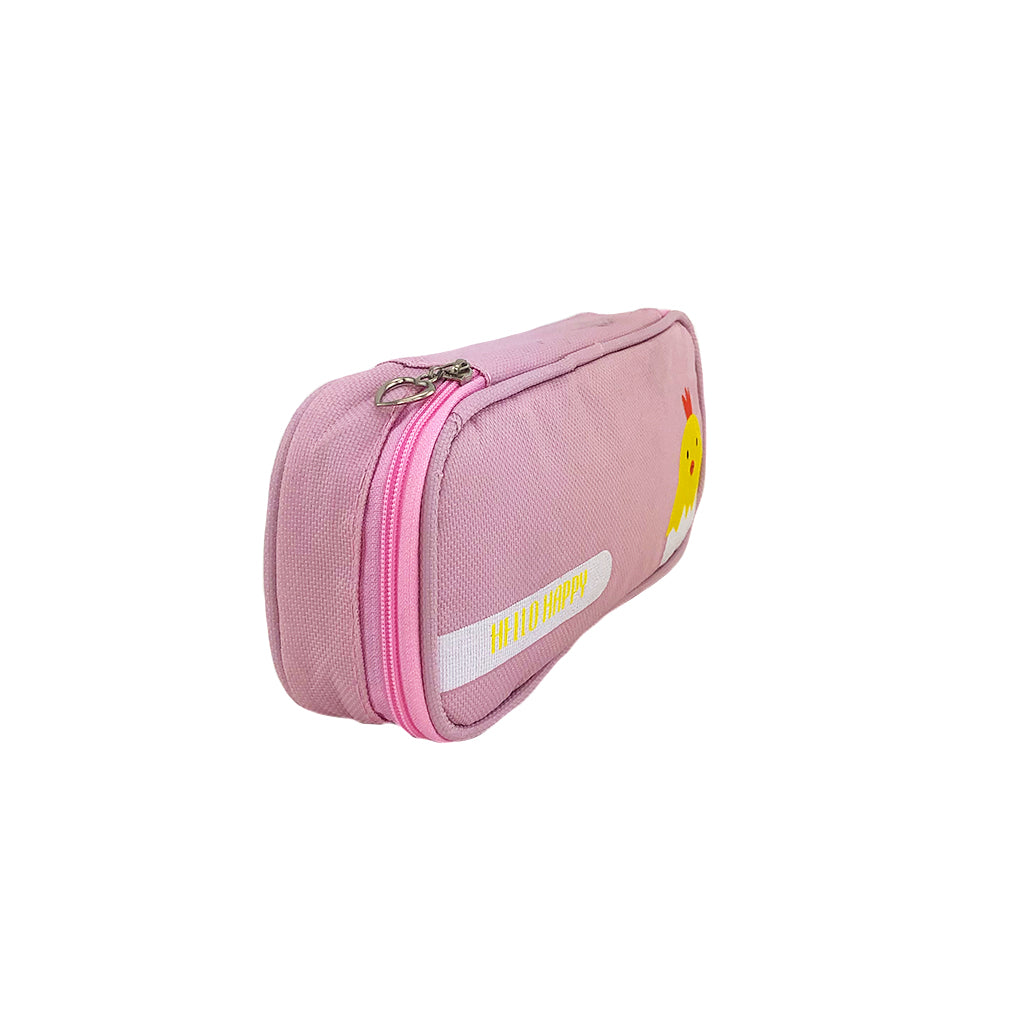 Chick Canvas Pencil Case with one compartment angled view and heart zipper details.